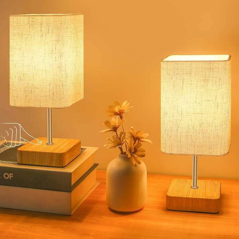 Zdjęcie: Lampka nocna dotykowa, ściemniana, lampa stołowa, ściemniacz dotykowy, trzy poziomy jasności, abażur z tkaniny lnianej, lampa stołowa do sypialni, salonu, biura [Klasa energetyczna F]